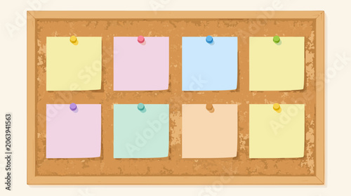 Blank sticky notes organized neatly on a textured cork board for planning and task management, flat vector illustration for office brainstorming and creative project organization concepts.