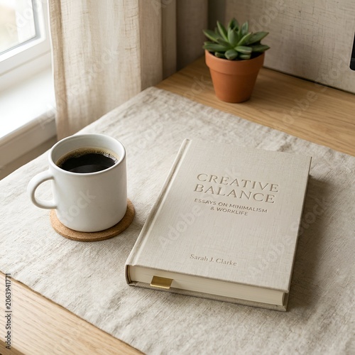 Cozy morning desk scene: coffee cup, book, and succulent plant by the window.