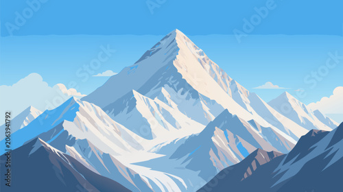 Majestic high snowy mountain peak resembling Mount Everest in a clean flat vector illustration style, capturing the essence of adventure, summit achievement, and the beauty of alpine nature.
