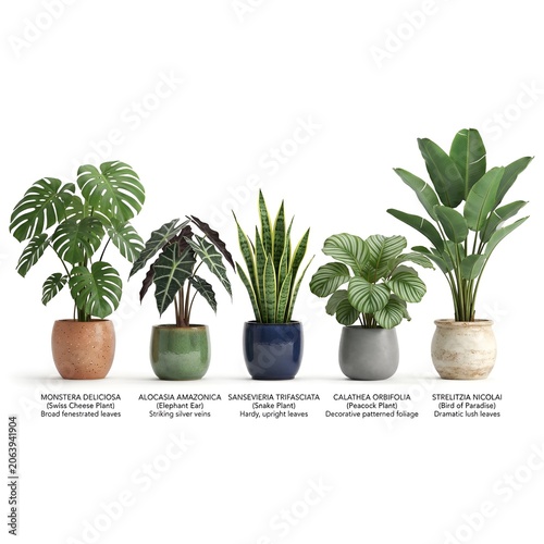 Collection of Five Potted Houseplants, Indoor Plants Variety