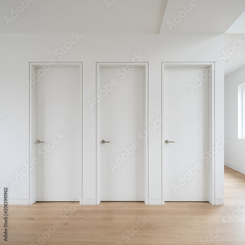 Three identical white doors in a modern minimalist interior with wooden floor