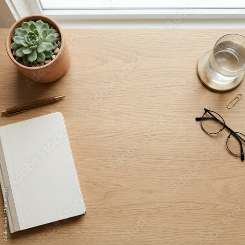Minimalist Desk Setup: Notebook, Glasses, Pen, Plant, and Water