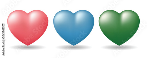 3d heart icons set in red, blue, and green colors