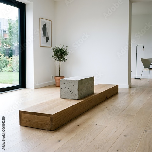 Modern minimalist living room with concrete block on wooden bench