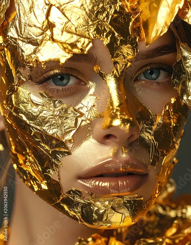 A woman with a gold foil mask covering her face