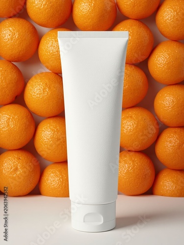 Supercharge your brand identity with this striking cosmetic product mockup. Featuring a clean, blank white squeeze tube standing boldly against a vibrant backdrop of tightly packed, textured fresh ora