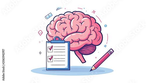 Brain with clipboard and pencil thinking.