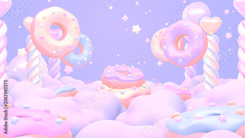 3D render of dreamy pastel donuts and heart pillars above clouds.