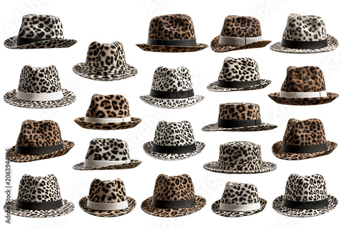 Collection of trilby fedora hats with various leopard cheetah animal print patterns isolated transparent background. PNG
