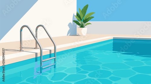 Sleek flat vector illustration of a polished metal swimming pool ladder descending into clear blue water, ideal for luxury resort lifestyle, summer recreation, and sports facility marketing material.