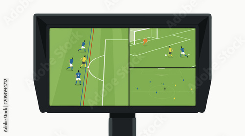 Video Assistant Referee VAR technology monitor screen in a football stadium setting, flat vector illustration of soccer refereeing decision system, high-tech sports broadcasting interface.