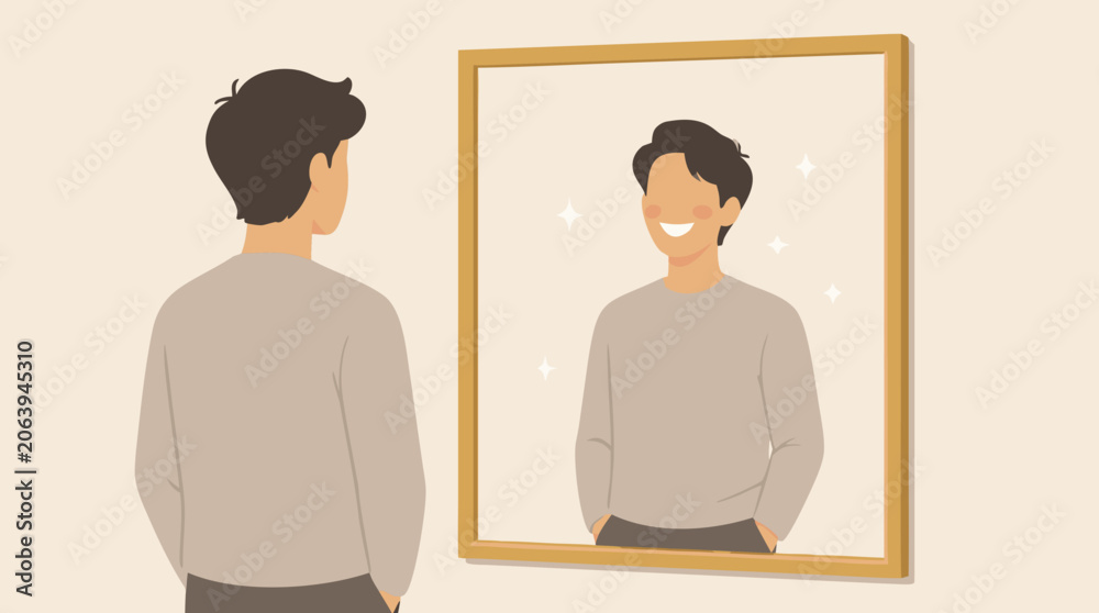 Obraz premium Faceless Person Looking into Mirror and Seeing a Happy Smiling Reflection Flat Vector Illustration Symbolizing Self Perception Mental Health Positivity Identity Self Love and Confidence Concept