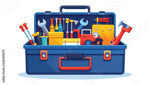 Blue toolbox with assorted tools inside.