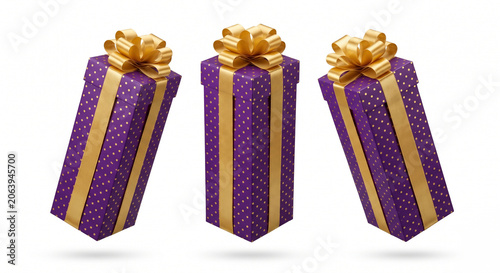 Three tall purple gift boxes with white polka dot patterns appear to float in a row against a plain white background, each wrapped with a shiny gold ribbon and a decorative bow on top