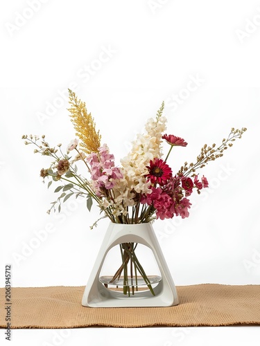 Elevate interior aesthetics with this beautifully composed floral arrangement. A unique, architectural white triangular vase holds a vibrant mix of pastel pink, cream, and deep magenta blossoms, accen