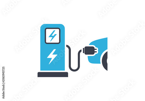 Electric car charging station with plug and vehicle port.