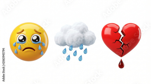3D Crying Emoji Raining Cloud and Broken Heart Icon Set Isolated on White Background