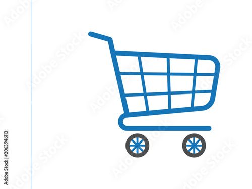 Simple shopping cart icon with blue lines and grey wheels on white background, represents commerce.