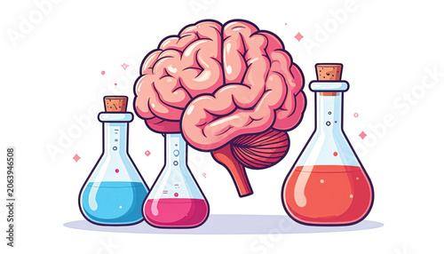 Brain with colorful laboratory beakers nearby.