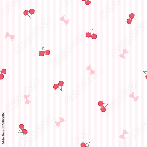 Seamless Pattern of Cherry and Bow on Stripe