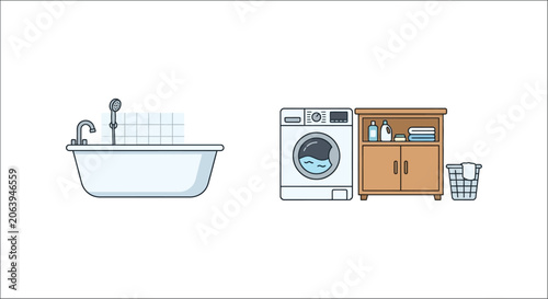 Tableau sur toile Bathroom fixtures and laundry appliances depicted in a flat vector illustration