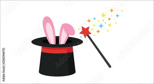 Fotografía Rabbit emerging from a black top hat with a red band and a magic wand vector ill