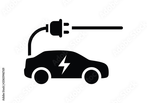 Black silhouette of electric car charging from plug and cable.