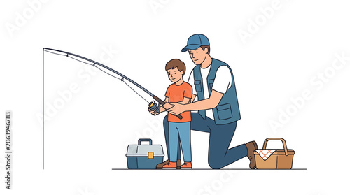 Father teaching his young son how to fish outdoors