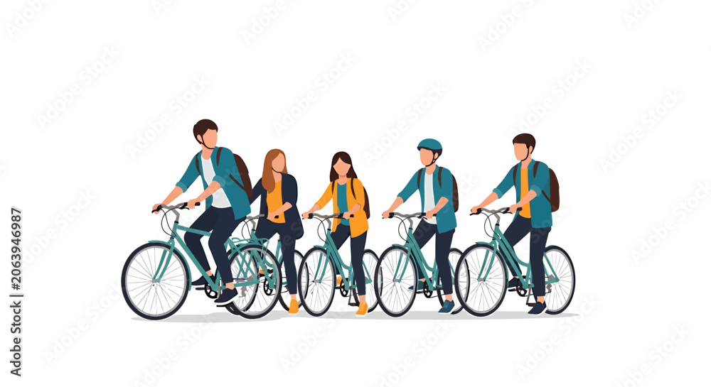 Fototapeta premium Diverse group of people riding bicycles with backpacks
