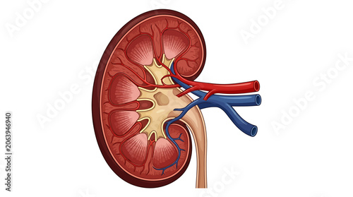 Anatomical cross section of a human kidney showing internal structures