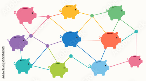 Creative abstract network of linked colorful piggy banks in a flat vector illustration representing financial connection, shared savings, banking systems, and communal wealth management concepts.