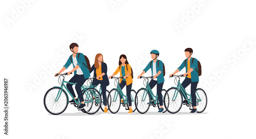 Diverse group of people riding bicycles with backpacks