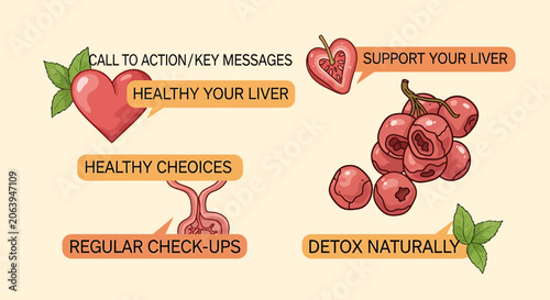 Liver health infographic elements with berries and heart