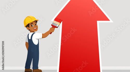 Professional painter worker creating a massive red upward growth arrow on a clean wall, flat vector illustration of business success, progress, improvement, and positive economic development.