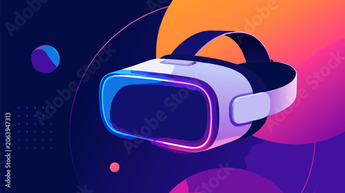 Futuristic virtual reality VR headset goggles with neon blue glowing light, flat vector illustration of immersive gaming technology, digital cyberspace experience and metaverse hardware icon.