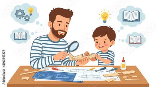 Father and son building a model wooden airplane together