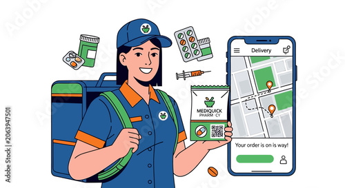 Delivery person holding medicine with smartphone tracking map