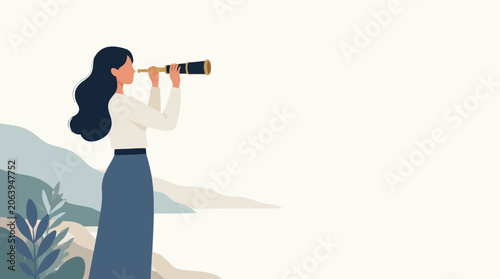 Faceless Woman Looking Through a Spyglass Telescope Towards a Bright Horizon Flat Vector Illustration for Business Vision Strategic Planning Future Growth Opportunity and Success Exploration