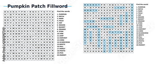 Pumpkin patch word search puzzle with highlighted answers  