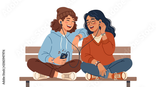 Two female friends sharing earphones and listening to music