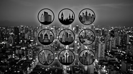 Collection of City Skylines in Circular Silhouettes Overlooking a Cityscape at Night.