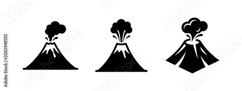 Fotografija Three black volcano icons representing eruption and natural disaster on white ba