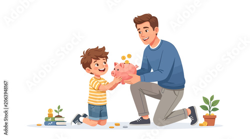 Father teaching son how to save money with piggy bank