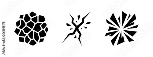 Schilderij op canvas Three abstract black icons representing cracks and fragmentation on white backgr