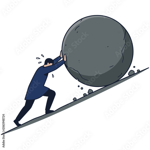 Valokuva Man struggling to push a heavy rock up a steep incline digital illustration