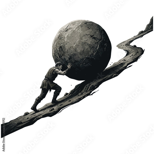 Person pushing a heavy stone boulder up a steep mountain slope concept