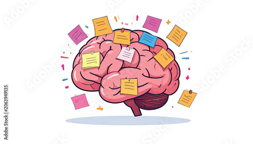 Brain with colorful sticky notes attached.