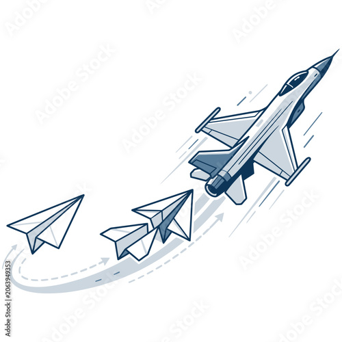 Foto Illustration of paper planes transforming into a modern fighter jet in flight