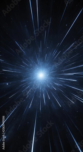 Space exploration space travel warp speed hyperspace star trail light streak motion blur through deep space starfield with bright central blue glow cosmic burst dynamic abstract universe futuristic