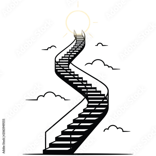 Staircase to heaven conceptual illustration with clouds and glowing light